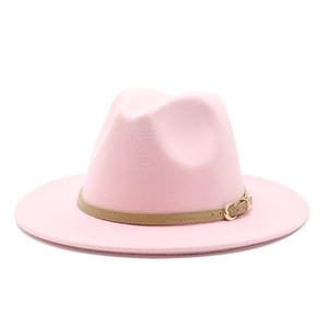 Classic pink wool fedora hat with brown leather belt and gold buckle for women