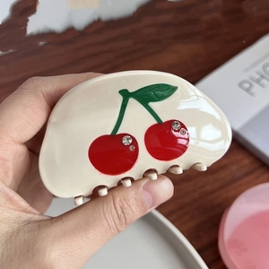 Elegant off-white acetic acid hair claw clip with crystal cherry motif for women