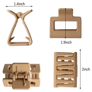 Matte square and triangle hair claws in khaki finish showing multi-angle dimensions