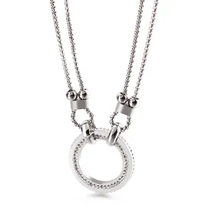 Women Stainless Steel Double Layer Necklace Geometric Round Oval Pendant Inlaid Rhinestone Minimalist Fashion Jewelry