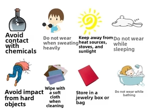 Detailed jewelry care guide with icons for cleaning and maintaining handmade red cord bracelets
