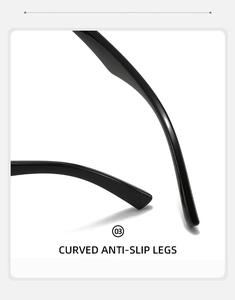 Detail view of black curved anti-slip legs on minimalist double-bridge alloy sunglasses