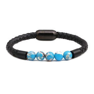 Braided black leather bracelet with blue marble beads and magnetic clasp for men
