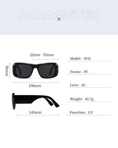 Detailed sizing chart and technical specifications for retro wide-frame sunglasses