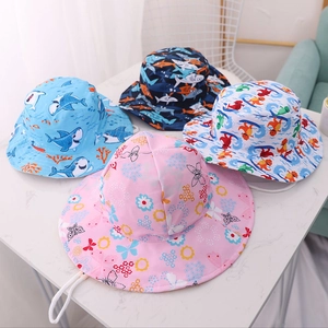 Kids digital print sun bucket hats with adjustable wind ropes in four patterns