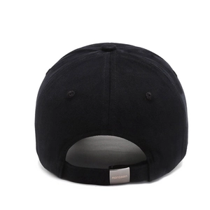 Rear view of black cotton baseball cap with adjustable silver metal buckle and branding