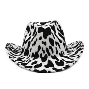 Thickened cow print western cowboy felt hat with wide rolled brim in black and white