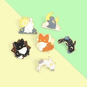 Set of 6 cartoon animal enamel pins featuring bunnies, foxes and koi fish for couples