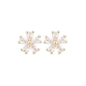 Close-up of gold s925 silver five-petal flower stud earrings with sparkling cubic zirconia