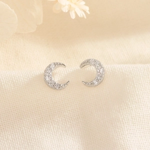 Moon Stud Earrings Copper With Zirconia Inlaid And 925 Sterling Silver Earring Post Minimalist Sweet Style Jewelry For Women