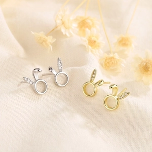 Cute Rabbit Stud Earrings For Women Copper With Cubic Zirconia And 925 Sterling Silver Earring Post Animal Jewelry