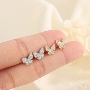 Tiny Butterfly Stud Earrings Copper Cubic Zirconia Inlaid Exquisite Shinning Fairy Style Jewelry For Women