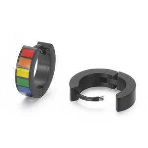 Black stainless steel hoop earrings with colorful rainbow enamel inlay for men and women