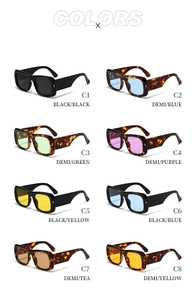 Collage of wide frame rectangular sunglasses in eight different color combinations
