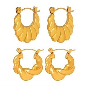 Golden titanium steel earring set with croissant stripes and spiral twisted designs