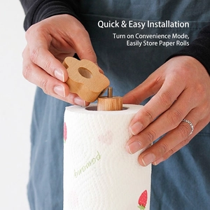Japanese beech wood paper towel holder with floral top and screw-in storage assembly