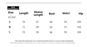 Detailed size chart for deep V-neck satin puff sleeve dress showing S to L measurements