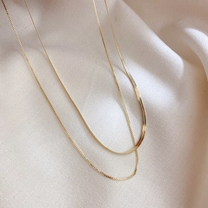 Minimalist double layer stainless steel gold box and snake chain necklace on silk
