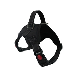 Detail of black tactical dog harness featuring heavy-duty handle and metal D-ring attachment