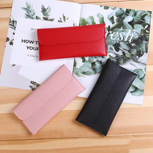 Slim soft leather long wallet for women with lychee pattern in red, pink and black