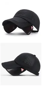 Detail showing retractable side sun protection wings and breathable mesh on black fishing hat