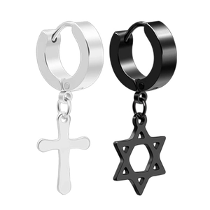Hip hop stainless steel hoop earrings with silver cross and black star pendants
