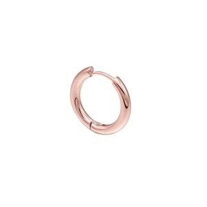 Detail view of smooth rose gold stainless steel round hoop earring on white background