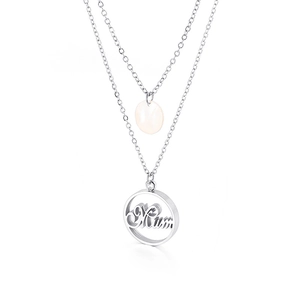 Double layered silver necklace featuring round pendant and Mum lettering detail