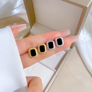 Geometric Titanium Steel Stud Earrings Square Black Inlay Retro Minimalist Fashion Accessories For Women Men