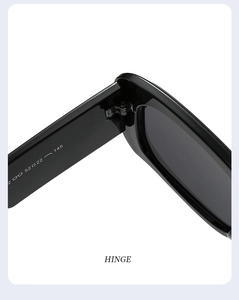 Detail of sturdy metal hinge and size specifications on thick frame sunglasses