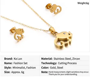 Detailed view of gold stainless steel hollow elephant necklace and stud earrings set