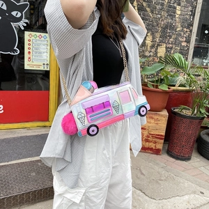 Ice Cream Truck Shaped Crossbody Bag Holographic Laser PU Golden Chain Strap Pink Pom Pom Novelty Streetwear Women