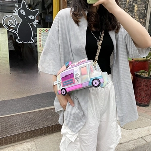 Detail of creative ice cream truck crossbody bag with colorful laser PU texture and chain