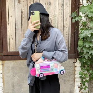 Holographic ice cream truck crossbody bag with golden chain and pink pompom accessory