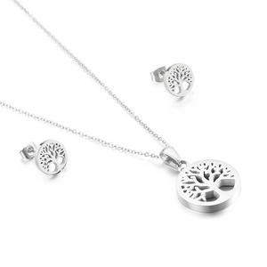 Silver stainless steel Tree of Life hollow pendant necklace and matching stud earrings set