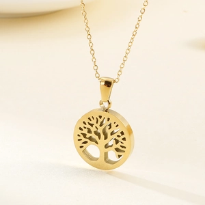 Elegant gold hollow Tree of Life necklace with a polished stainless steel finish for women