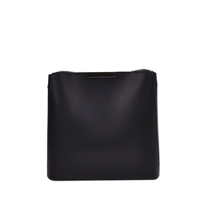 Minimalist black leather bucket bag for women with elegant gold metal top bar detail