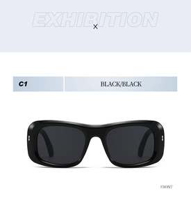 Front view of black thick frame sunglasses with silver star metal ornaments on temples