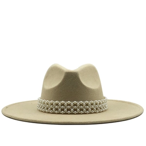 Chapeau fedora élégant en laine à large bord pour femme avec ruban de perles beige