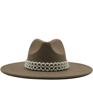 Chapeau fedora en laine marron à large bord pour femme avec ruban de perles élégant
