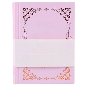 Pink mini bilingual Book of Answers notebook with white band on white background