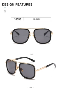 Detail view of square black and gold metal sunglasses with dark gray lenses
