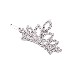 Elegant silver crown hair clip with sparkling rhinestones on a clean white background