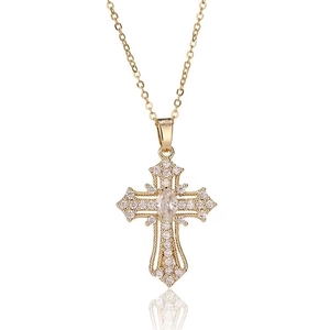 Retro punk gold cross pendant necklace with white zircon stones for women and men