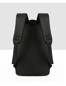 Detailed back view of black oxford laptop backpack featuring wide padded shoulder straps