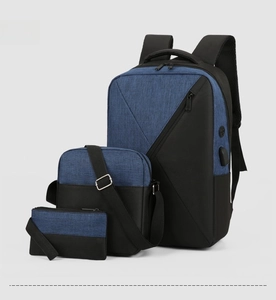 3-piece Oxford business backpack set in blue and black with external USB charging port