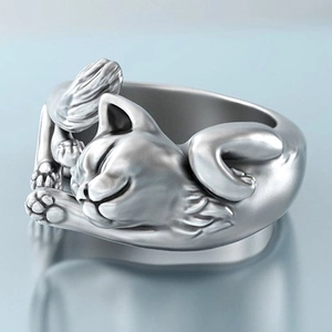 Adjustable Sleeping Cat Ring Copper Silver Plated Vintage 3D Carved Animal Open Band Statement Jewelry For Women