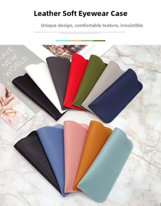 Flat lay of premium lychee grain leather eyewear pouches in twelve diverse colors
