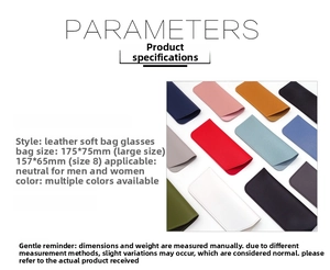 Detailed size comparison of small and large faux leather sunglasses pouches in multiple colors