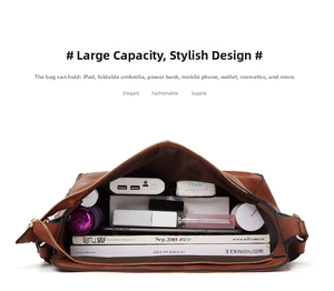 Macro view of spacious brown leather tote interior showing storage for iPad and daily items